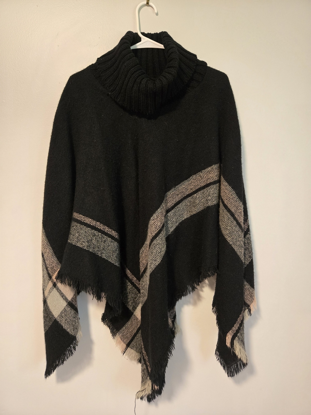 Rampage Black Turtleneck Fringe Poncho with Grey, Pink Stripes